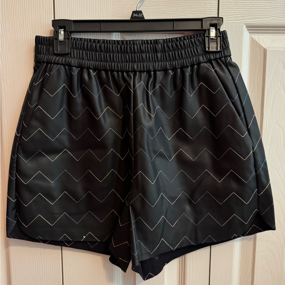 Ciebon rainbow embroidered vegan leather shorts